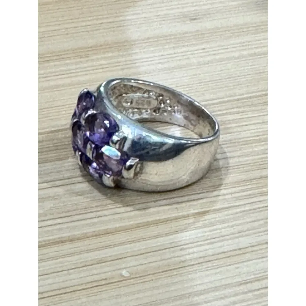 Vintage Sterling Silver 9 Stone Natural Amethyst Cluster Ring Size 6 Wide Band